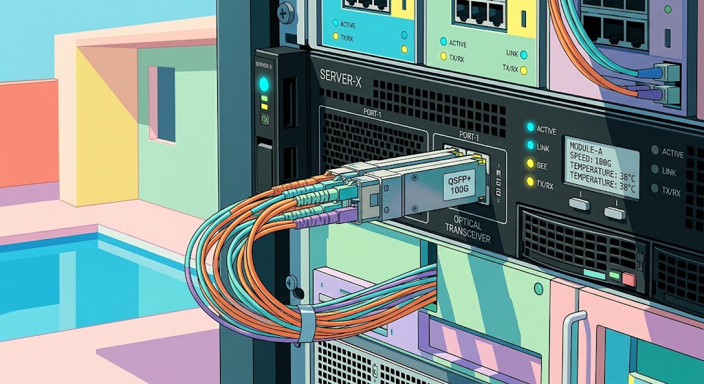 Optical transceiver with fiber cables plugged into a server