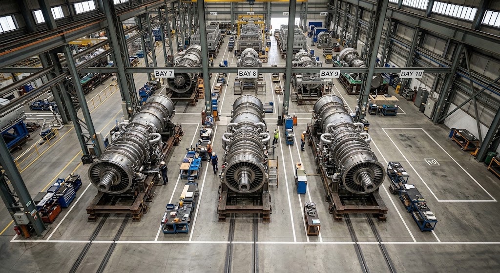 Gas turbines in numbered assembly bays on a factory floor